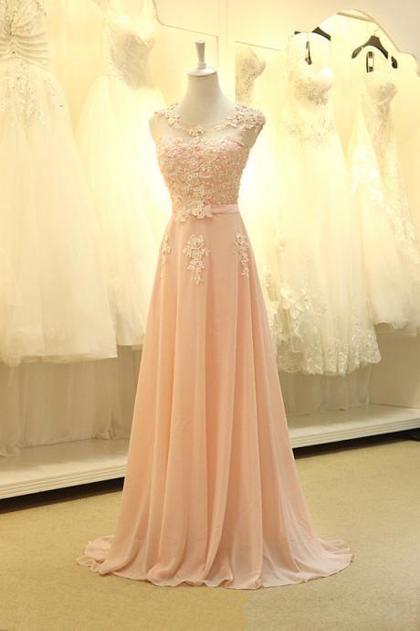 Custom Made Pink Chiffon Long Prom Dress With Lace Appliqued Beaded Bateau Neck Formal Lady Dress A-Line Formal Party Dresses 