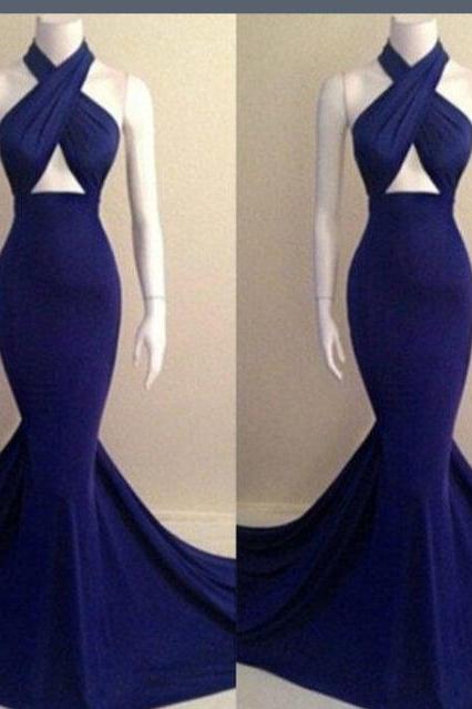 Halter Satin Long Prom Dress Off Shoulder Ruffle Marmaid Prom Gowns Formal Party Dresses High Quality Royal Blue Graduation Gowns