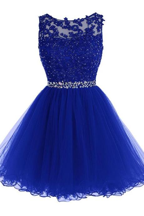 Vintage Crystal Tulle Short Prom Dresses Lace Appliqued Sheer Sexy Girls Mini Homecoing Dress Junior Off Shoullder Party Dress Royal Blue