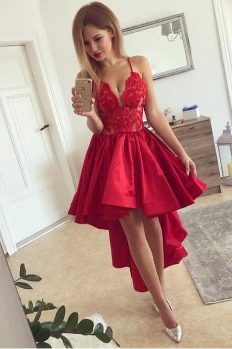 Sexy Red Plunging V Neck High Low Prom Dress Lace Short Homecoming Dresses With Spaghetti Straps Satin Short Party Dresses