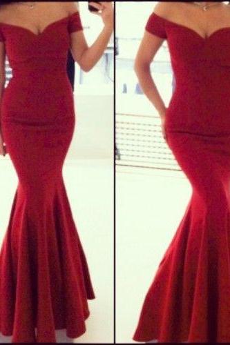 Pretty Red Satin Mermaid Off Shoulder Prom Dresses, off Shoulder Party Dresses, Evening Gown, Formal Gowns,Red Grduation Dresses,
