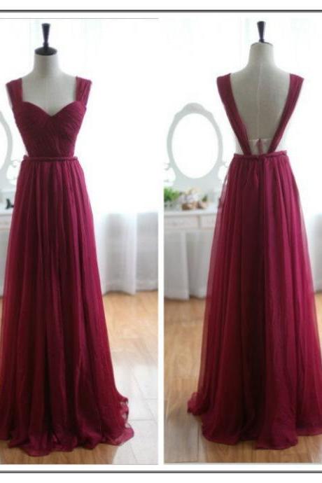 Elegant Sweetheart Backless Burgundy Floor Length Chiffon Bridesmaid Dress, Burgundy Prom Dress 2018, Prom Dresses 2018, Formal dresses