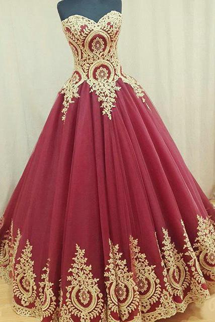 Charming Burgundy Prom Dress,Ball Gown Prom Dresses,Sexy Prom Dress,Appliques Evening Dress,Long Evening Dress,Wedding Party Dress,Formal Gown,Gold Lace Evening Dresses Arabic 