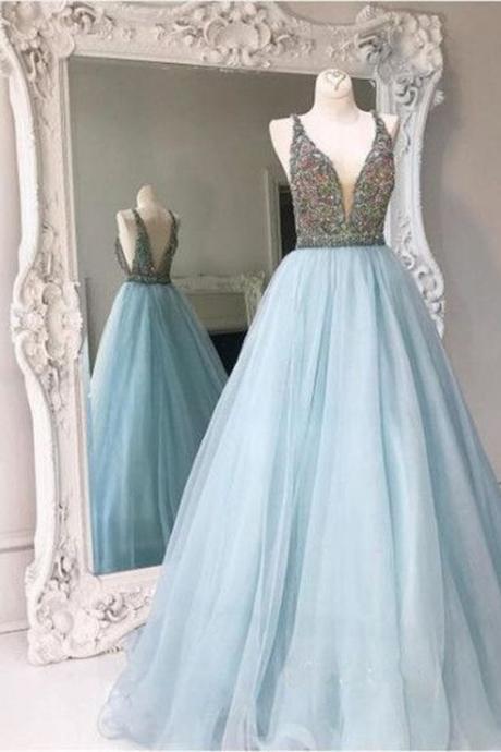 Charming Sky Blue Beaded Crystal Top Long Prom Dresses Organza Back Open Evening Dresses Off Shoulder Formal Gowns Custom Made Party Dresses