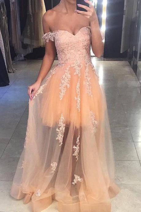 Charming Sweetheart Tulle Long Prom Dresses Appliqued Sheer Girls Party Dresses Off Shoulder Women Pageant Dress, 2018 Long Cocktail Dresses A