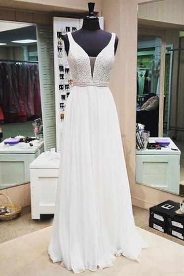 White Beaded Chiffon Prom Dresses A Line Evening Dress V Neck Sexy Pageant Gowns Custom Made Women Formal Dresses Custom Made Prom Gowns