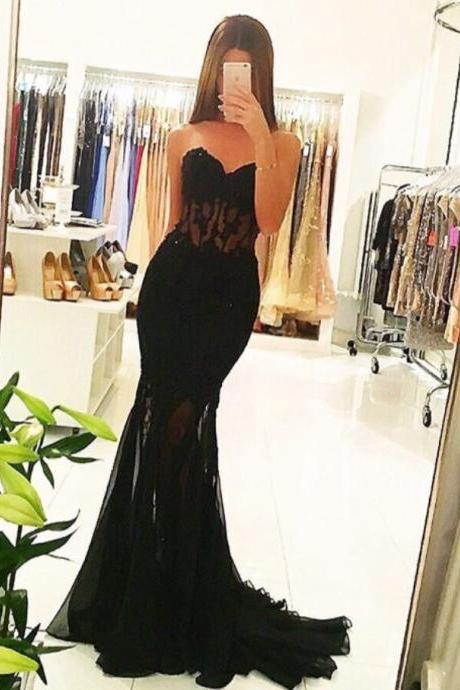 Appliques Long 2018 Mermaid Sheer Black Sexy Tulle Evening Dresses Fashion Sweetheart Tulle Long Party Dresses Plus Size Formal Gowns ,Black Long Prom Gowns 