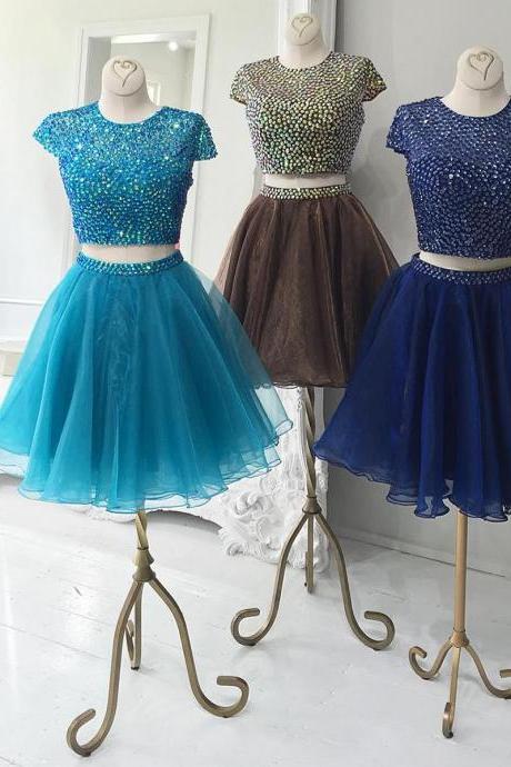 Charming Two Pieces Crystal Two Pieces Homecoming Dresses O Neck 2 Pieces Short Prom Dresses Off Shoulder Cocktail Gowns Custom Made