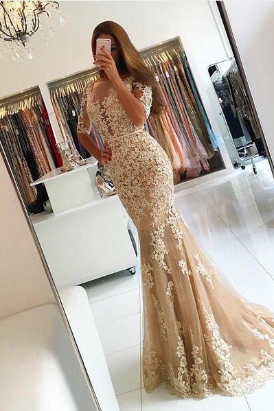 Champagne Evening Dress, Lace Evening Dress, Mermaid Evening Dress, Tulle Prom Dress, Long Evening Dress, Half Sleeve Evening Gown, Formal Party
