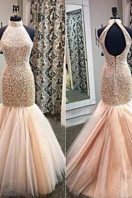 Champagne Prom Dresses,Mermaid Prom Gowns,Tulle Prom Dresses,Beading Prom Dresses,Mermaid Prom Gown,2018 Prom Dress,Backless Evening Gonw With Beading For Teens