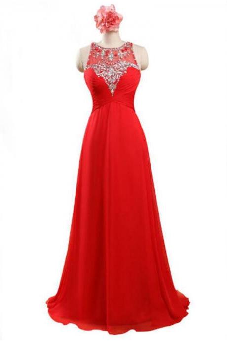 Red Floor Length Chiffon Formal Gown Featuring Sleeveless Plunge Sheer Bateau Neckline With Beaded Embellishment, Covered Back Chiffon Long Party