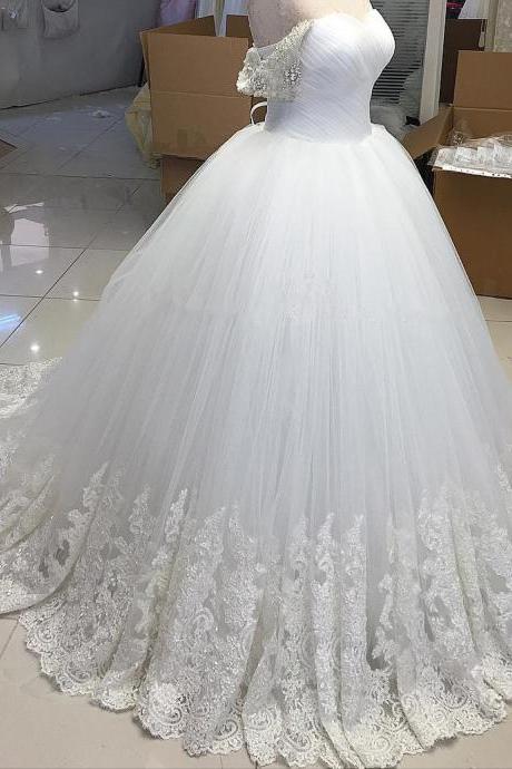2018 Stunning Sweetheart Ruffle Pricess Wedding Dresses Off Shoulder Summer Weddings Gowns Tulle Lace Appliqued Bidal Dresses Real Image ,arabic