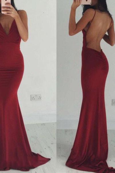 2018 Arrival Sexy Backless Burgundy Mermaid Prom Dresses With Spaghetti Straps Plus Size Long Party Gowns Custom Made Women Pageant Gowns Floor