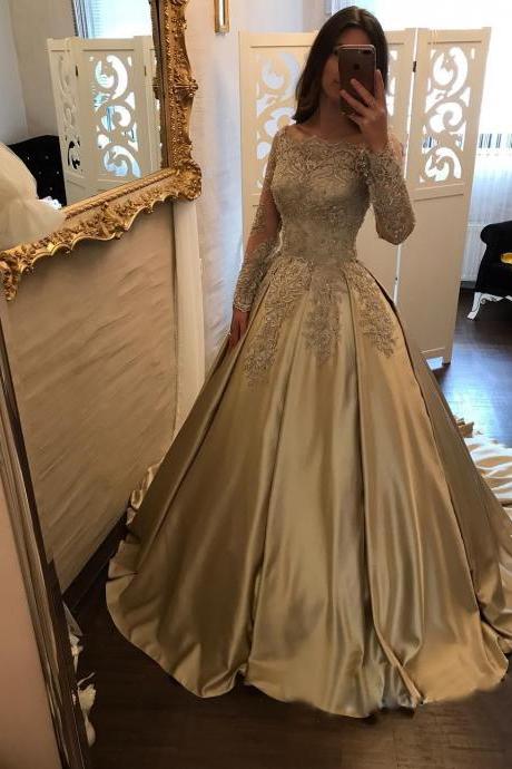 2018 Arrival Long Sleeve Beaded Lace Prom Dresses Ball Gowns Wedding Women Evening Gowns Plus Size Sheer Neck Long Prom Gowns Ruffle Pageant