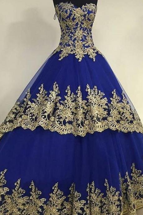 royal blue ball gowns prom dress sweetheart neckline with gold lace appliques2018, Vintage Plus Size Long Quinceanera Dresses,Arabic Evening Dress, Royal Blue Evening Gowns 