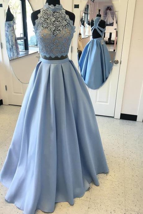 Light Blue Prom Dresses,elegant Prom Dresses,two Piece Prom Dresses,backless Prom Gowns,sexy Prom Dresses,2 Pieces Graduation Dress, Long