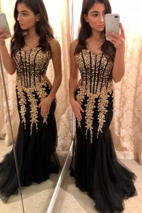 Strapless Sweetheart Gold Applique Prom Dresses Tulle Skirt Evening Gown2018 Luxury Black Tulle Sheath Evening Dress Off Shoulder Long Women