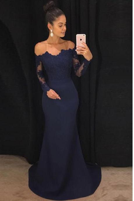 Lace Long Sleeves Off Shoulder Mermaid Bridesmaid Dresses 2018 New Arrival Sweetheart Satin Long Prom Dresses Strapless Formal Women Party Gowns 