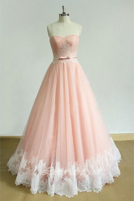 Pure Pink Tulle Long Lace Appliques Bridesmaid Dress For Teens, Sweetheart Senior Prom Dress With Sash,2018 Arrival Lace Prom Dresses, Wedding