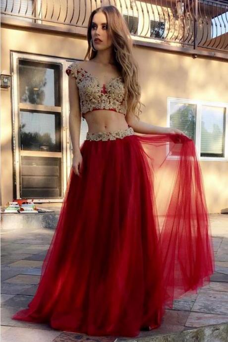 Gold Lace Appliqued Two Piece Prom Dresses,red Tulle Long Party Pageant Dresses，2018 Arrival Gold Lace Women Formal Gowns ,plus Size Girls
