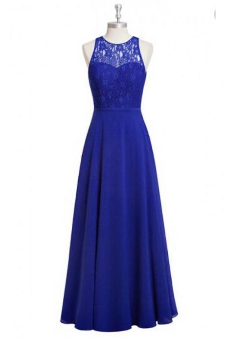 Stunning Sheer Neck Royal Blue Chiffon Bridesmaid Dresses,elegant Long Lace Formal Dresses, Wedding Party Dresses, Evening Gowns，2018 Sexy