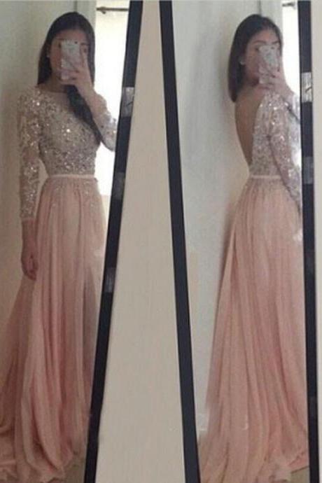 Blush Pink Long Sleeve Prom Dresses,long Sleeves Dresses,sheath Party Dress, Backless Prom Gown,long Prom Dress,prom Dress,2018 Sexy Backless