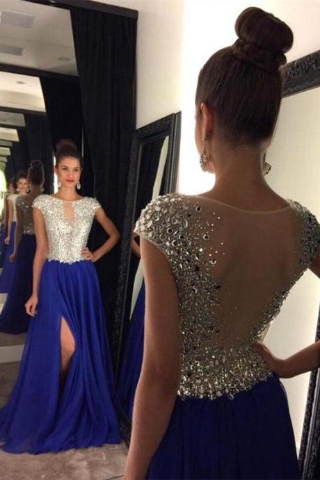 2018 Luxury Crystal Long Prom Dresses See Through Beaded Women Party Gowns Custom Made Royal Blue Evening Dresses Sexy Summer Gowns