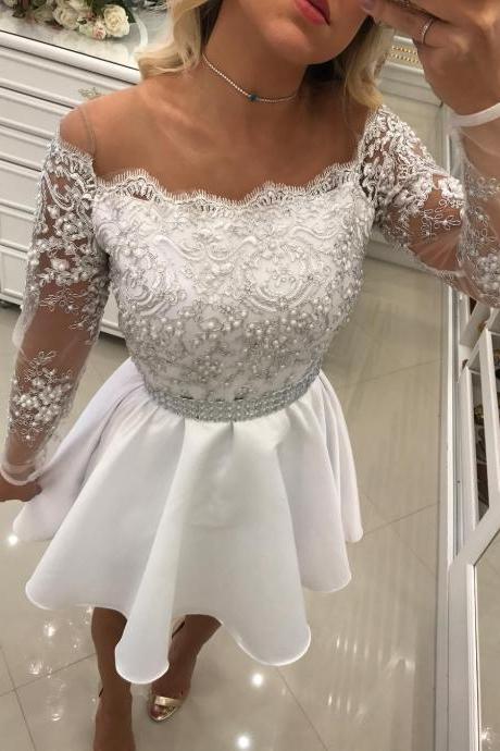 Fit-and-flare Pearls Short Homecoming Dress With Full Sleeves 2018 White Mini Cocktail Dress Plus Size Ball Gowns Graduation Dresses