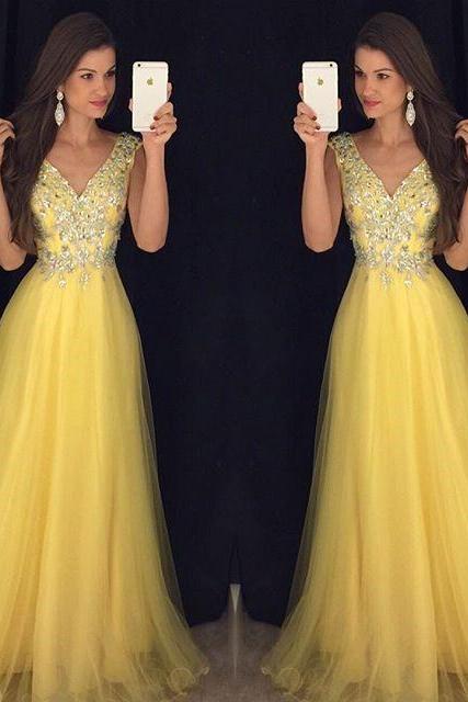 Prom Dress,modest Prom Dress,deep V Neck Long Yellow Prom Dresses 2018 Cap Sleeves Evening Gowns，v Neck Prom Gowns ,a Line Evening