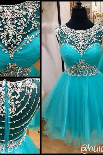 Blue Homecoming Dress,short Prom Gown,tulle Homecoming Gowns,a Line Beaded Party Dress, Elegant Prom Dresses，2018 Crystal Cocktail Dresses