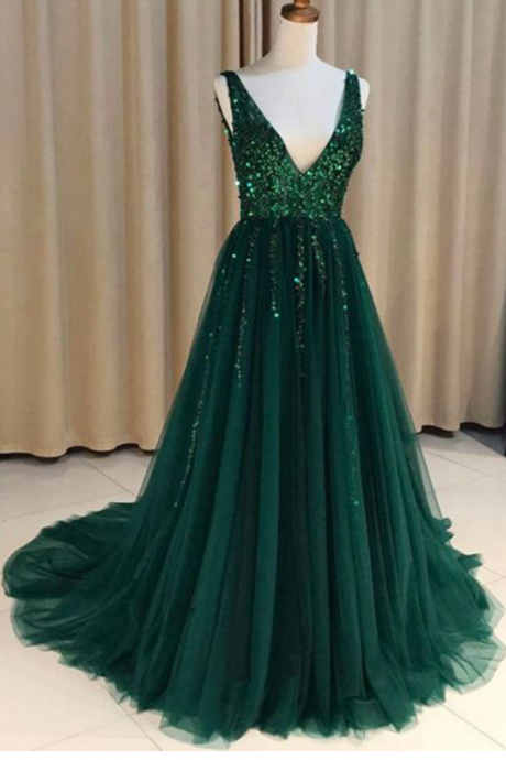 Special V Neck V Back Tulle Green Long Prom Dresses With Sequined For Women，2018 Sexy Back Open Women Evening Dress ,off Shoulder Formal Gowns