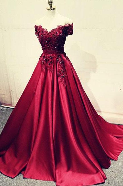 Burgundy Lace Off Shoulder Long Prom Dress, Lace Evening Dress，2018 Arrival Formal Prom Dresses,appliqued Prom Gowns