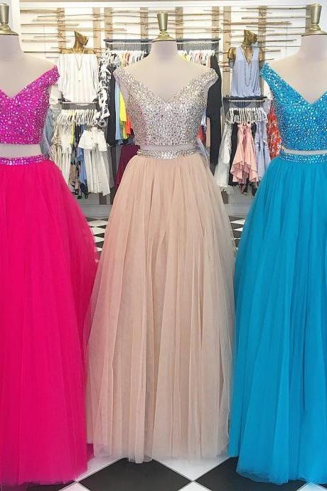 Sparkly Two Pieces Prom Dresses Royal Blue Beaded Formal Evening Gowns , White Crystal Long Prom Gowns , Arrival Women Party Gowns