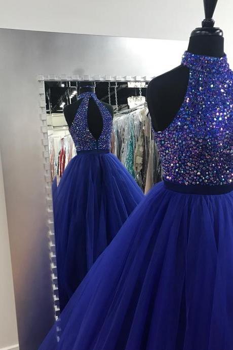 Plus Size Prom Dresses Crystal Frmal Gowns 2018 Shiny Royal Blue Halter Prom Dress Custom Made Women Party Dresses Sexy Backless Cocktail Gowns