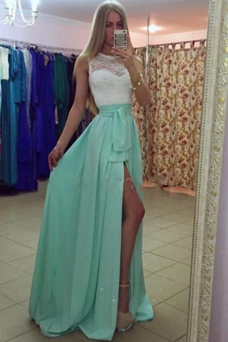 Charming Long Chiffon Prom Dresses White Lace Women Dresses 2018 Simple Green Sirts Plus Size Women Gowns Plus Size Evening Dress