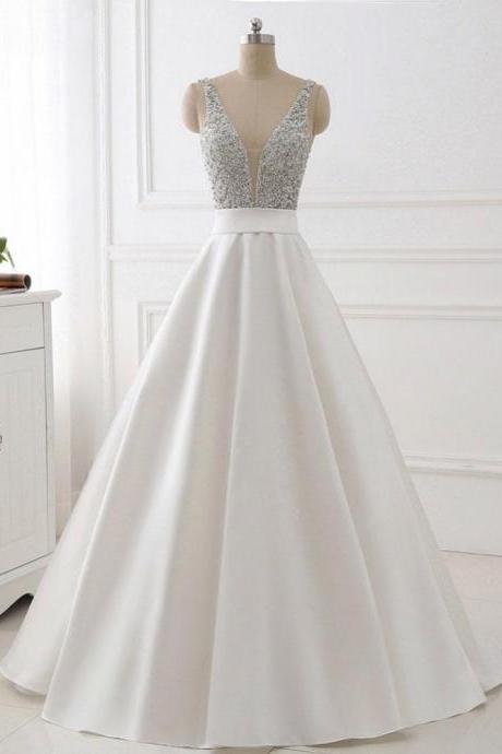 A-line V-neck Beaded Top Ivory Satin Long Prom/pageant Dresses 2018 Luxury Crystal Prom Dresses Sexy Back Open Formal Party Gowns Custom Made