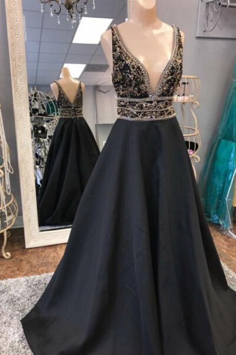 Charming A-line V-neck Sleeveless Black Long Prom Dress With Beading，2018 Sexy V-neck Satin Formal Evening Gowns , A Line Party Dresses,luxury