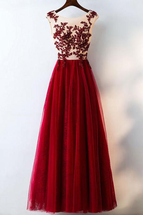 Burgundy Tulle Lace Applique Sleeveless Long Prom Dress,evening Dress,prom Dress Long,a-line Prom Gown,long Formal Dress，2018 Newly Formal