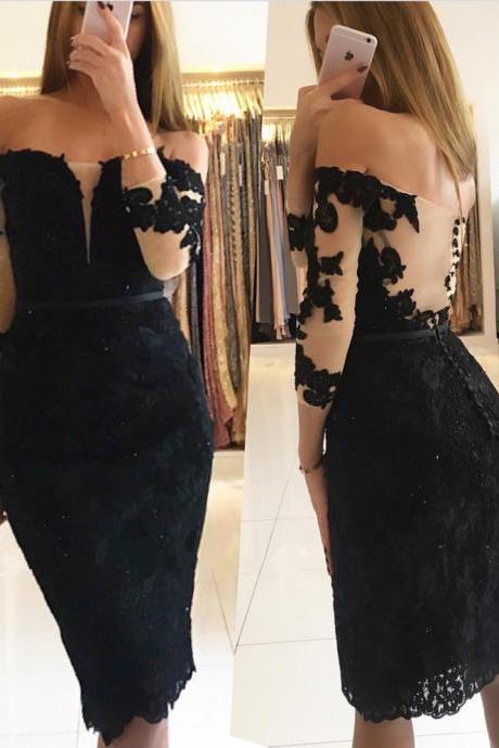 Prom Dress,Party Dress,Short Prom Dresses,Knee Length Prom Dresses,Black Lace Party Dress,Sheath Prom Dress,Prom Dress With Sleeves ,Crystal Prom Dress,2018 Black Lace Homecoming Dress , Short Graduation Gowns 
