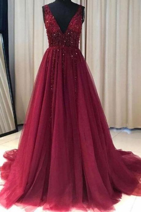 V Neck Beaded Prom Dresses, Sexy Evening Party Dresses, Formal Dresses，Plus Size Burgundy Lace Appliqued Beaded Wedding Party Gowns , A Line Long Prom Dress