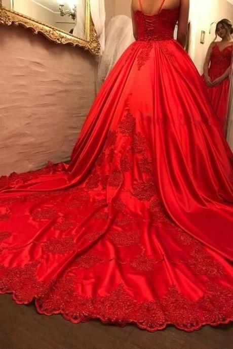 elegant red prom dresses , chic v-neck ball gowns , fashion quinceanera dresses, red formal gowns with train,Evening Dresses,Prom Gowns, Formal Women Dress，Red Satin Wedding Dresses