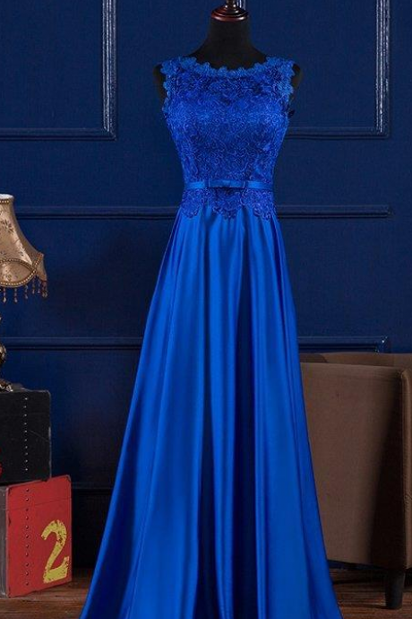 Scoop Neck Lace Satin Evening Dress, Blue Prom Dress, Floor Length Prom Dress, Long Royal Blue Prom Dress,2018 Formal Evening Dress , Wedding