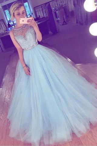 Sky Blue Prom Dress,long Prom Dress,tulle Prom Dress,a-line Prom Dress, Prom Gown,beading Prom Dresses,long Evening Dress,wedding Women Gowns