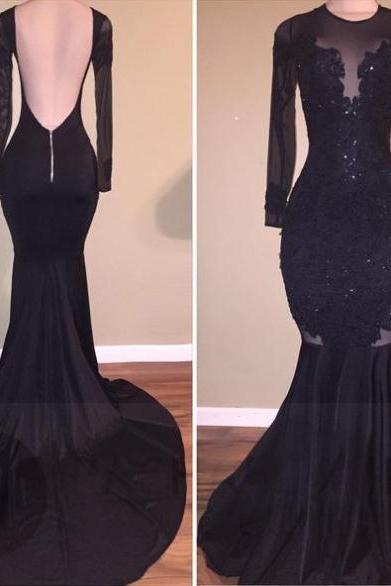 Backless Sexy Prom Dresses, Long Sleeves Prom Dresses, Mermaid Black Women Prom Dresses, 2018 Sheer Long Sleeve Lace Prom Gowns , Cusstom Made