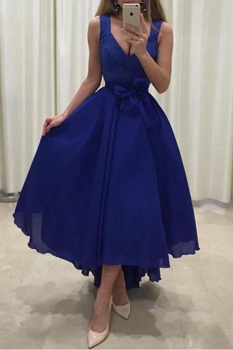 New Arrival Royal Blue Chiffon Short Homecoming Dresses 2018 High Low Prom Dress, Wedding Party Gowns , Little Girls Gowns 