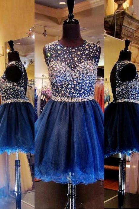 Custom Made Dark Blue Illusion Neckline Diamond Embellished A-Line Short Evening Dress, Homecoming Dress, Cocktail Dresses, Graduation Dresses,Sexy Crystal Mini Prom Dresses