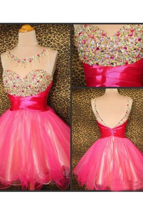 A-line Scoop Short Mini Tulle Short Prom Dress Homecoming Dresses ，2018 New Arrival Beaded Wedding Party Gowns , Women Girls Gowns ,Mini Cocktail Gowns 