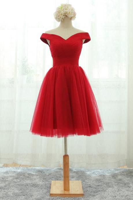 A-line Off-the-shoulder Short Mini Tulle Short Prom Dress Homecoming Dresses 2018 New Arrival Red Tulle Mini Cocktail Dress, Wedding Women Gowns 