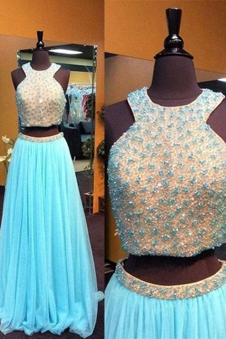 Blue Prom Dress,long Prom Dress,two Pieces Prom Dress,beaded Prom Dress,charming Evening Dress, 2018 Fashion ,prom Dresses,2 Pieces Cocktail