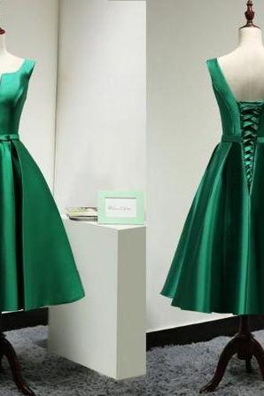 Modest Satin,deep V Neck, Emerald Green ,bridesmaid Dress, Short Custom/elegant Tea Length, Prom Dress Green/wedding ,party Dress/homecoming